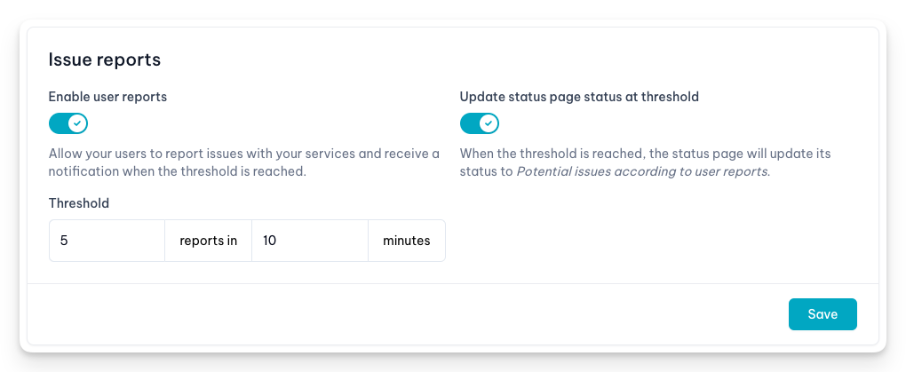 Status page user reports settings